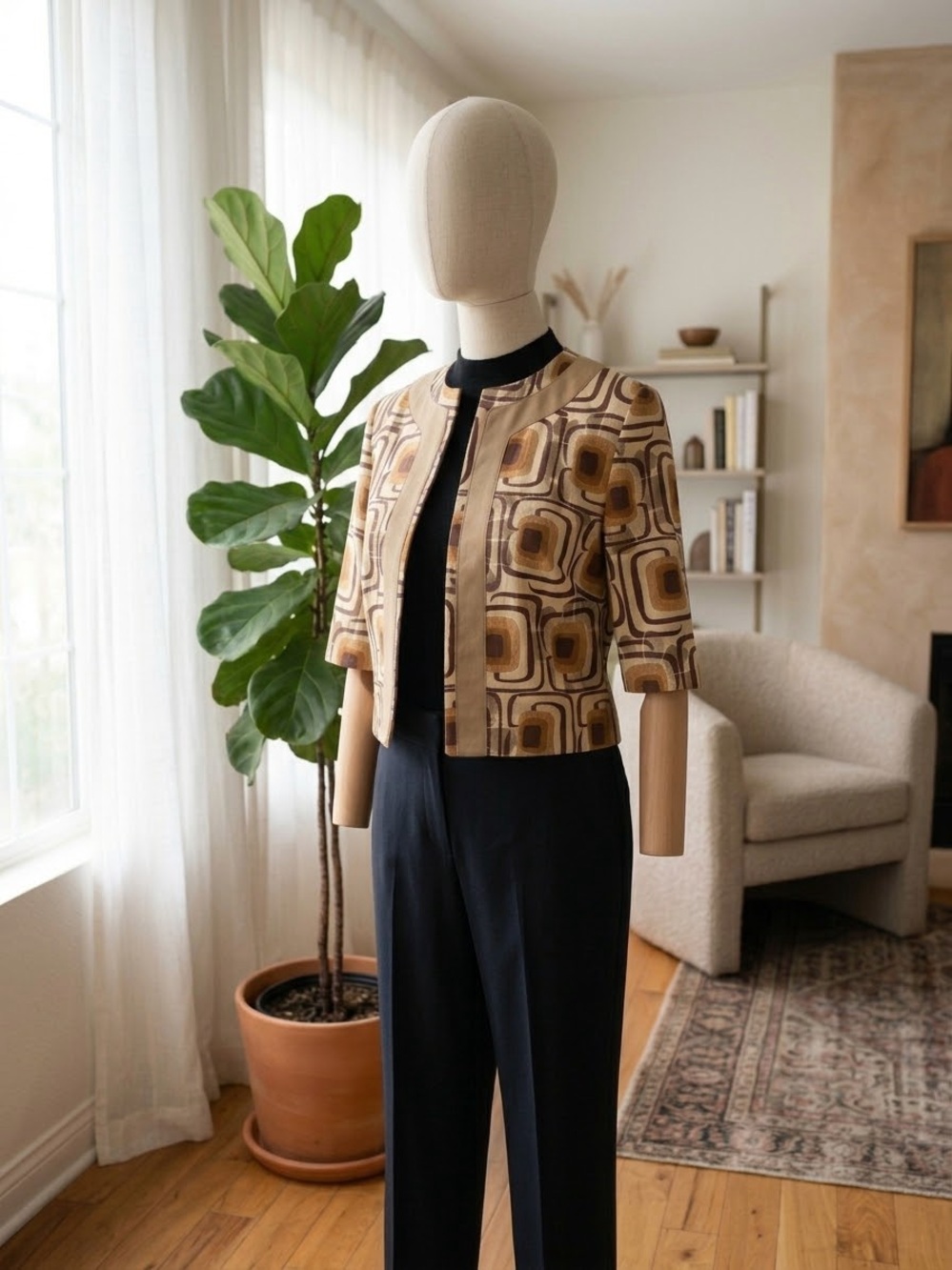 Zara Retro Geometric Crop Jacket in Beige and Brown